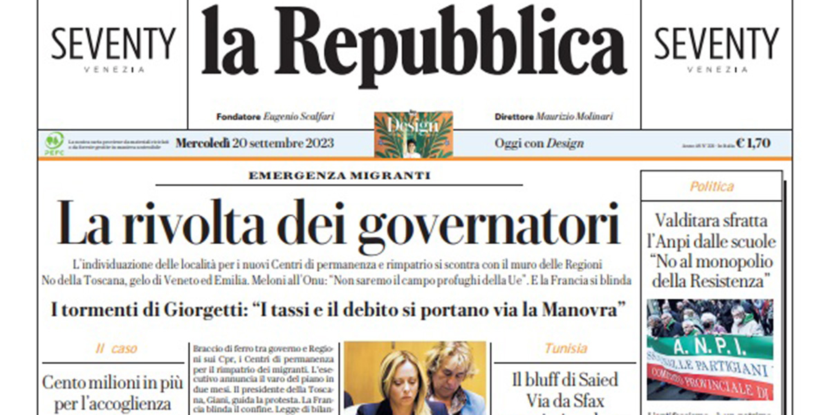 Le prime pagine di mercoledì 20 settembre 2023