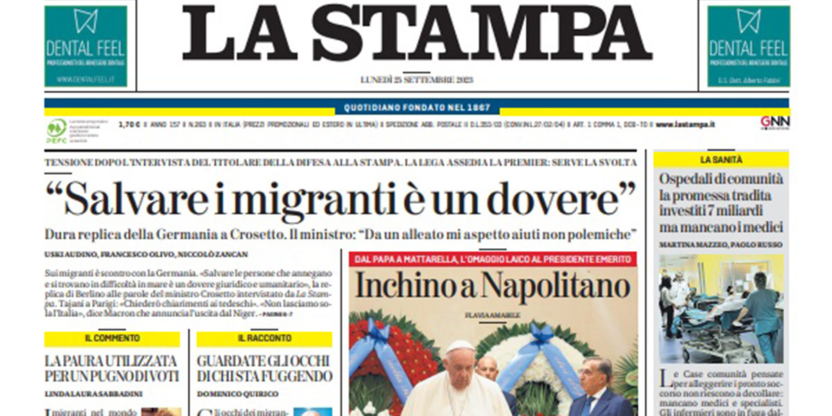 Le prime pagine di lunedì 25 settembre 2023