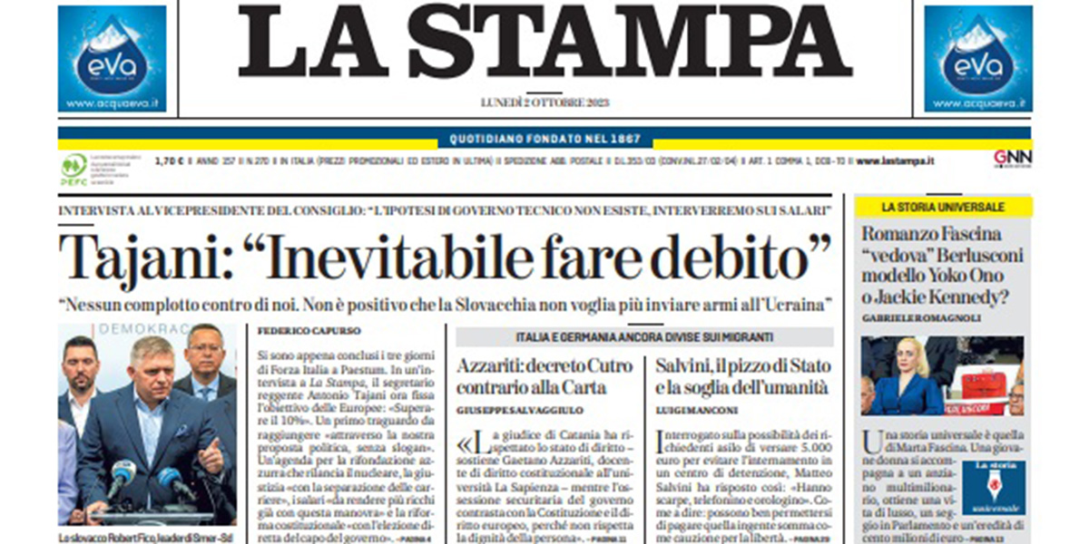 Le prime pagine di lunedì 2 ottobre 2023