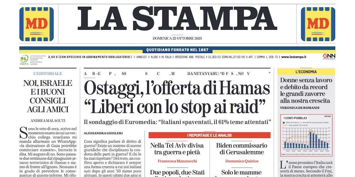 Le prime pagine di domenica 22 ottobre 2023