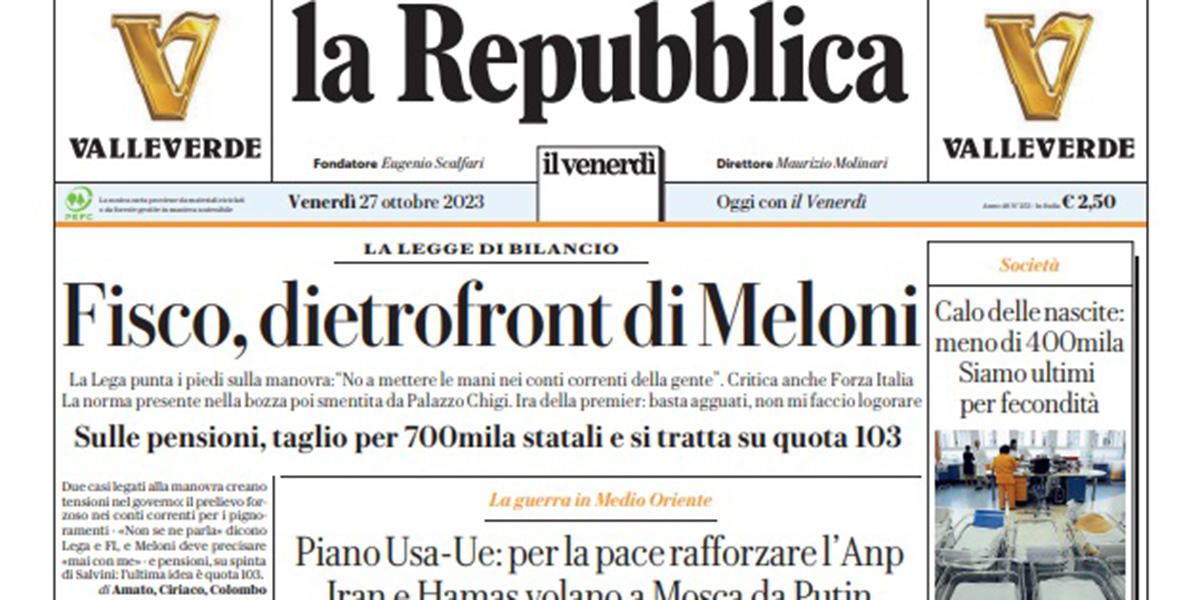 Le prime pagine di venerdì 27 ottobre 2023