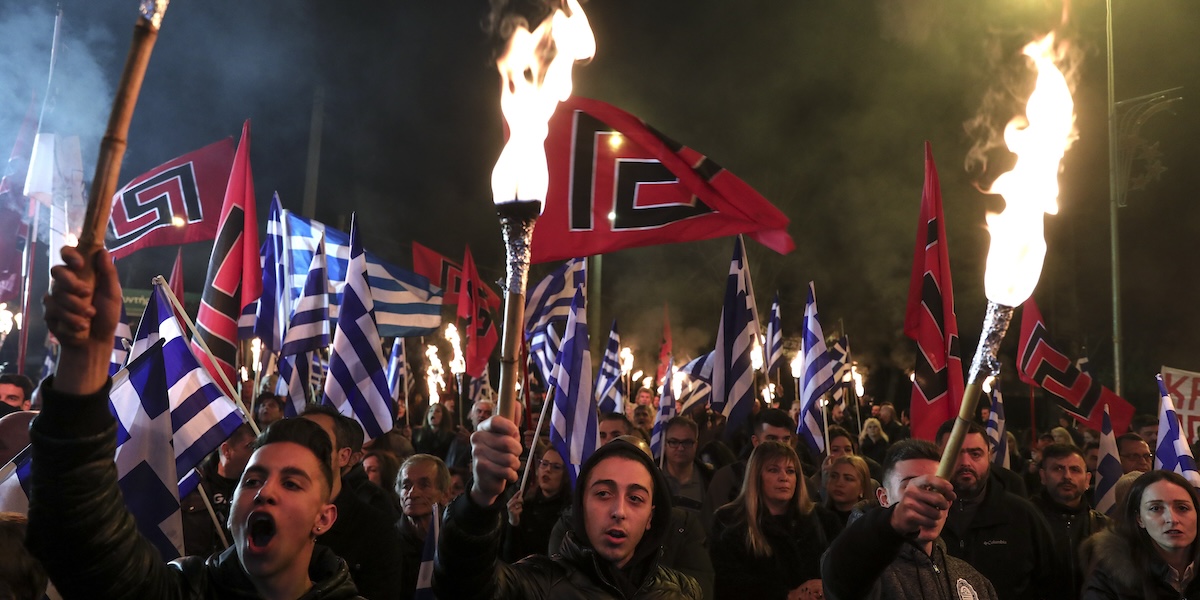 Una manifestazione del partito ultranazionalista Alba Dorata nel febbraio del 2019