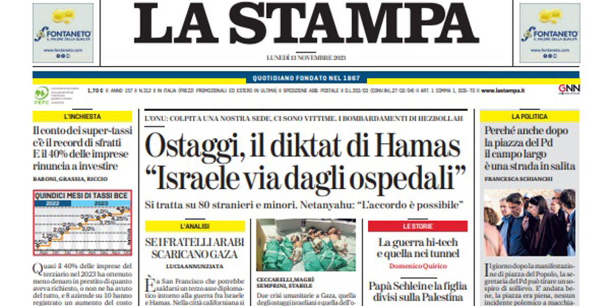 Le prime pagine di lunedì 13 novembre 2023