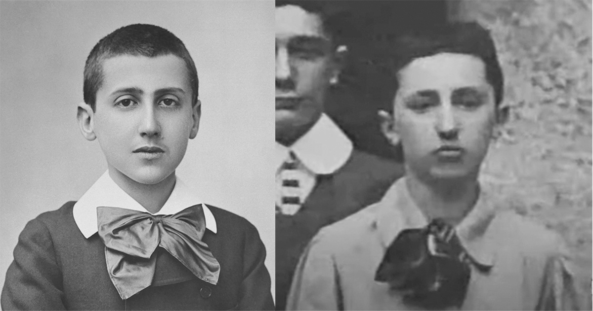 A sinistra Marcel Proust fotografato da Paul Nadar tra il 1885 e il 1887 (via Wikimedia). A destra Carlo Emilio Gadda nella foto di classe del ginnasio al liceo Parini di Milano intorno al 1908