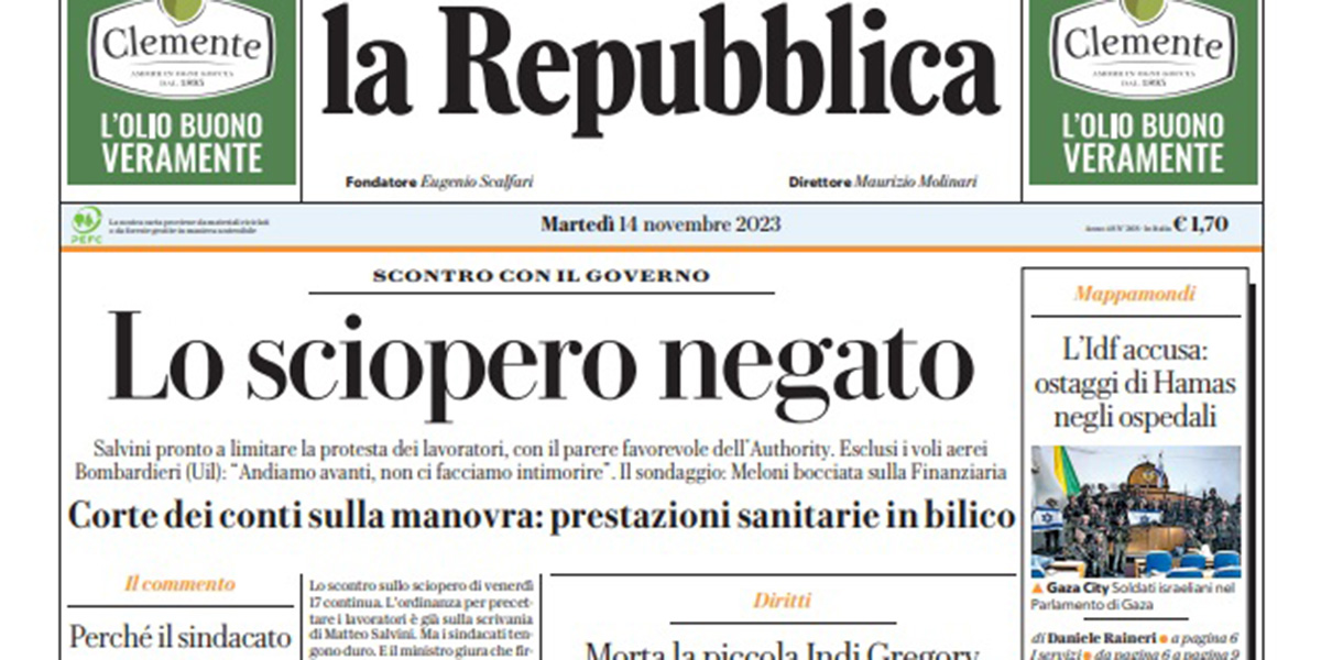 Le prime pagine di martedì 14 novembre 2023