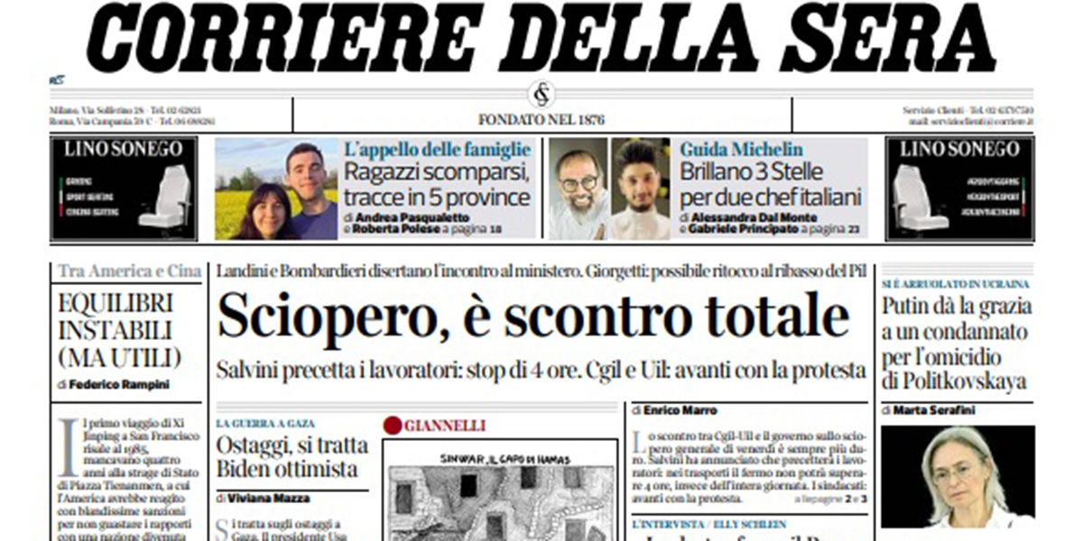 Le prime pagine di mercoledì 15 novembre 2023