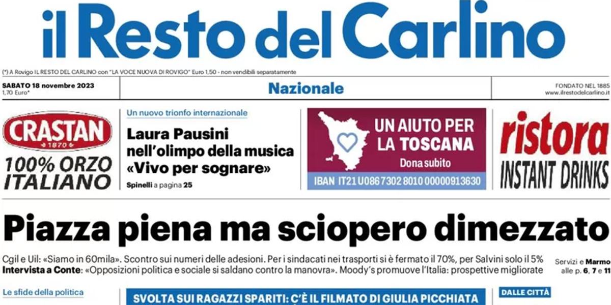 Le prime pagine di sabato 18 novembre 2023