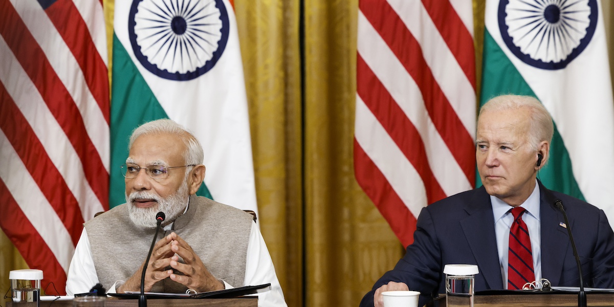 Il presidente statunitense Joe Biden e il primo ministro indiano Narendra Modi durante la sua visita negli Stati Uniti a giugno del 2023 (Anna Moneymaker/Getty Images)