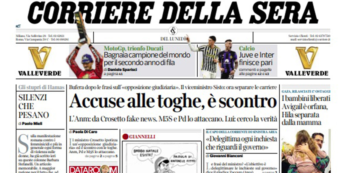 Le prime pagine di lunedì 27 novembre 2023