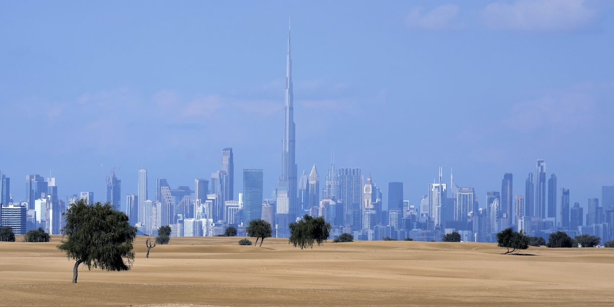 Un'area naturale protetta e lo skyline di Dubai, con il celebre Burj Khalifa, il grattacielo più alto del mondo, 8 gennaio 2023 (AP Photo/Kamran Jebreili, File)