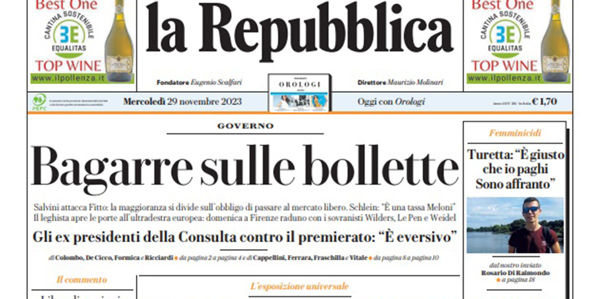 Le prime pagine di mercoledì 29 novembre 2023