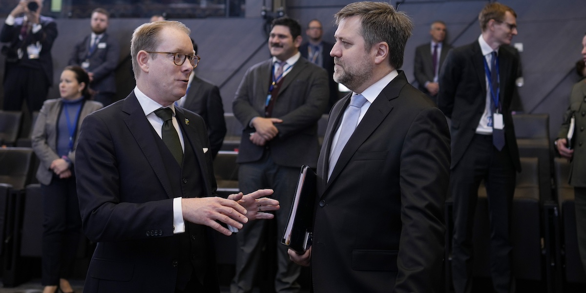 A sinistra, il ministro degli Esteri svedese Tobias Billström con il ministro degli Esteri estone (AP Photo / Virginia Mayo)