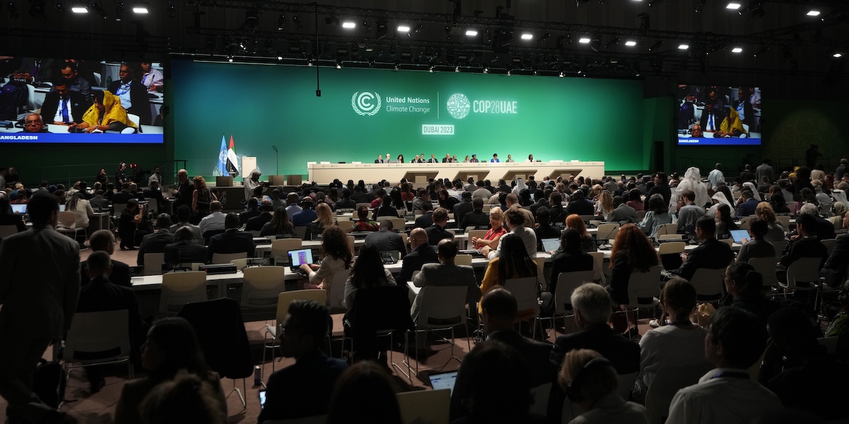 La riunione di apertura della COP28 di Dubai, negli Emirati Arabi Uniti, il 30 novembre 2023 (AP Photo/Peter Dejong)