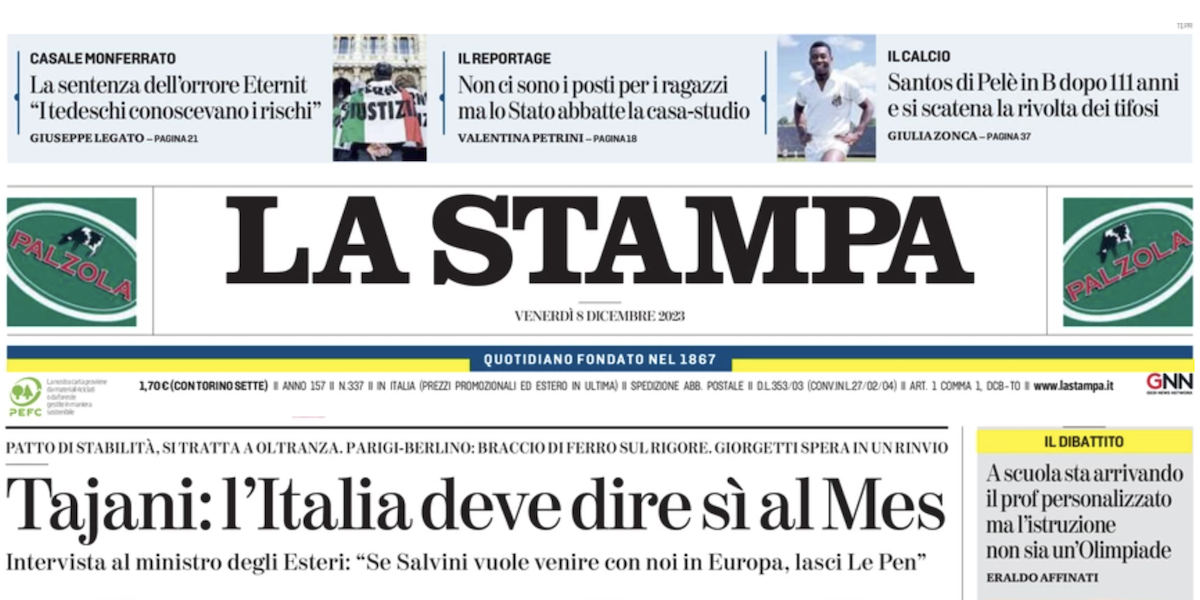 Le prime pagine di venerdì 8 dicembre 2023
