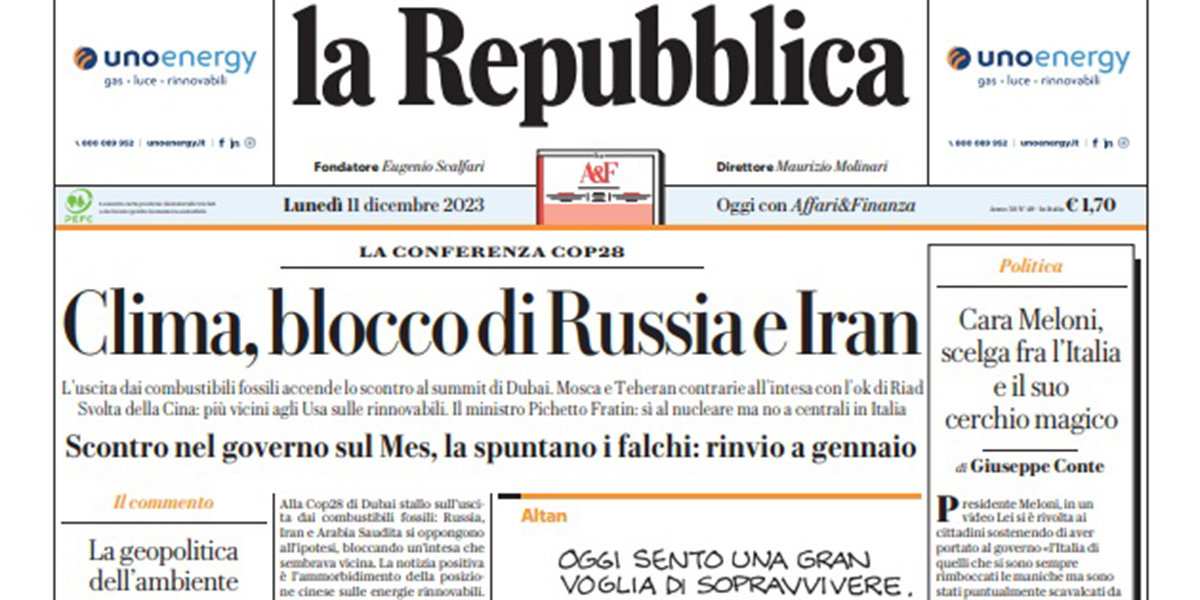 Le prime pagine di lunedì 11 dicembre 2023