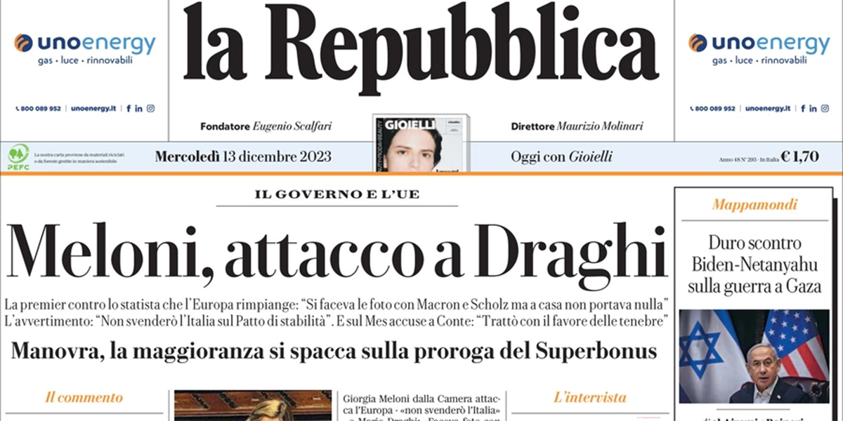 Le prime pagine di mercoledì 13 dicembre 2023