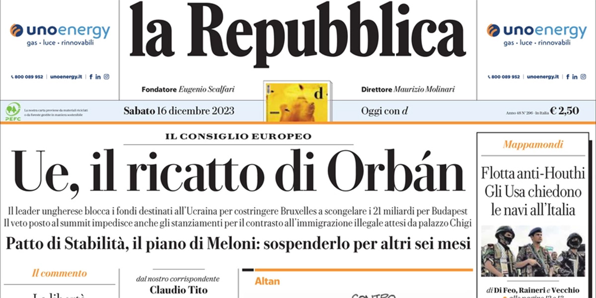 Le prime pagine di sabato 16 dicembre 2023
