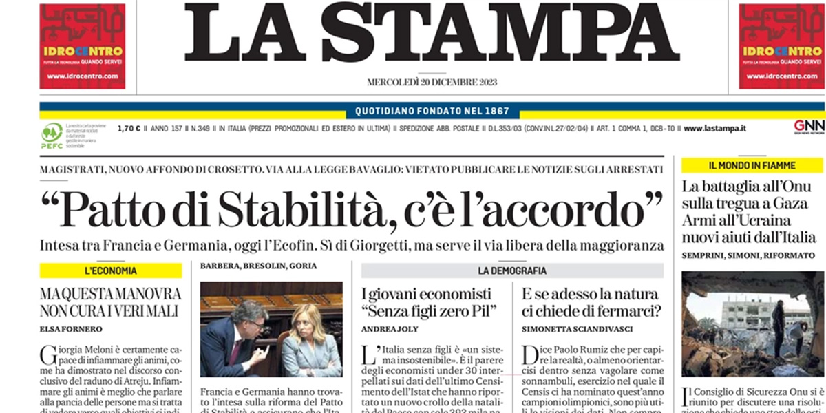 Le prime pagine di mercoledì 20 dicembre 2023