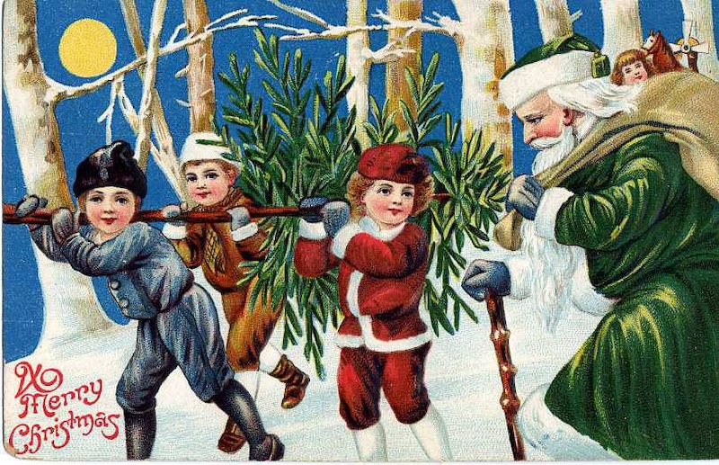 Una cartolina di inizio Novecento in cui dei bambini si preparano ad addobbare un albero di Natale