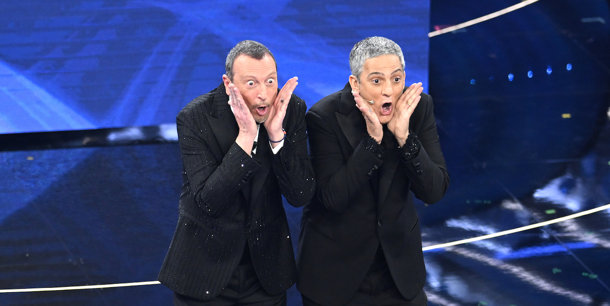 Amadeus e Fiorello sul palco dell'Ariston al festival di Sanremo del 2022 (D.Venturelli/Daniele Venturelli/Getty Images )