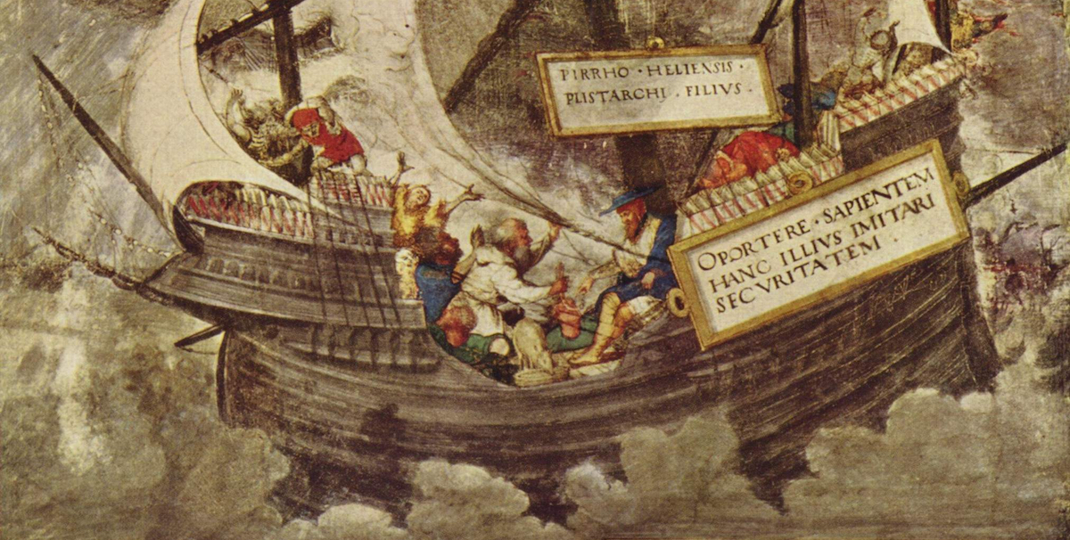 "La tranquillità di Pirrone in un mare in tempesta", probabilmente Petrarcameister, XVI secolo, Kunstsammlungen und Museen Augsburg
(via Wikimedia)