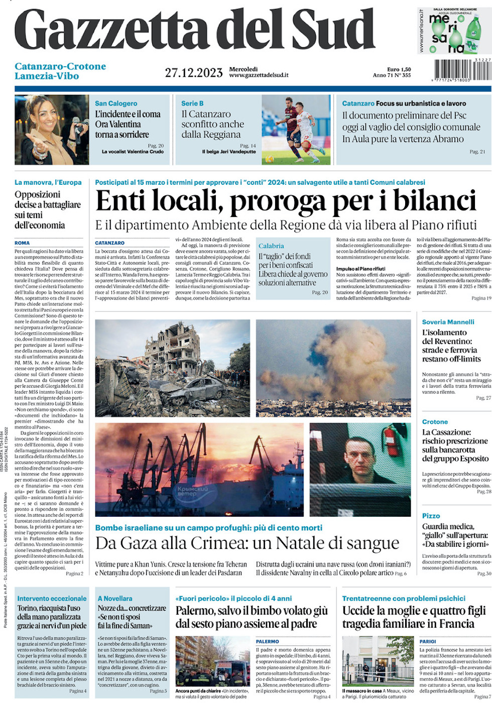 Le prime pagine di mercoledì 27 dicembre 2023 - Il Post