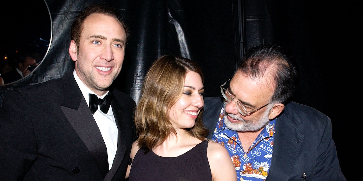 L’attore Nicolas Cage, la regista e sua cugina Sofia Coppola e il regista Francis Ford Coppola, padre di lei e zio di lui, a Beverly Hills, California, il 25 gennaio 2004
