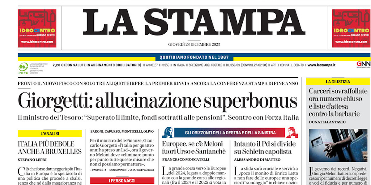 Le prime pagine di giovedì 28 dicembre 2023