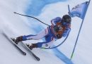 Lo sciatore francese Cyprien Sarrazin, che giovedì ha vinto la discesa di Bormio, durante la gara di Super G (AP Photo/ Marco Trovati)
