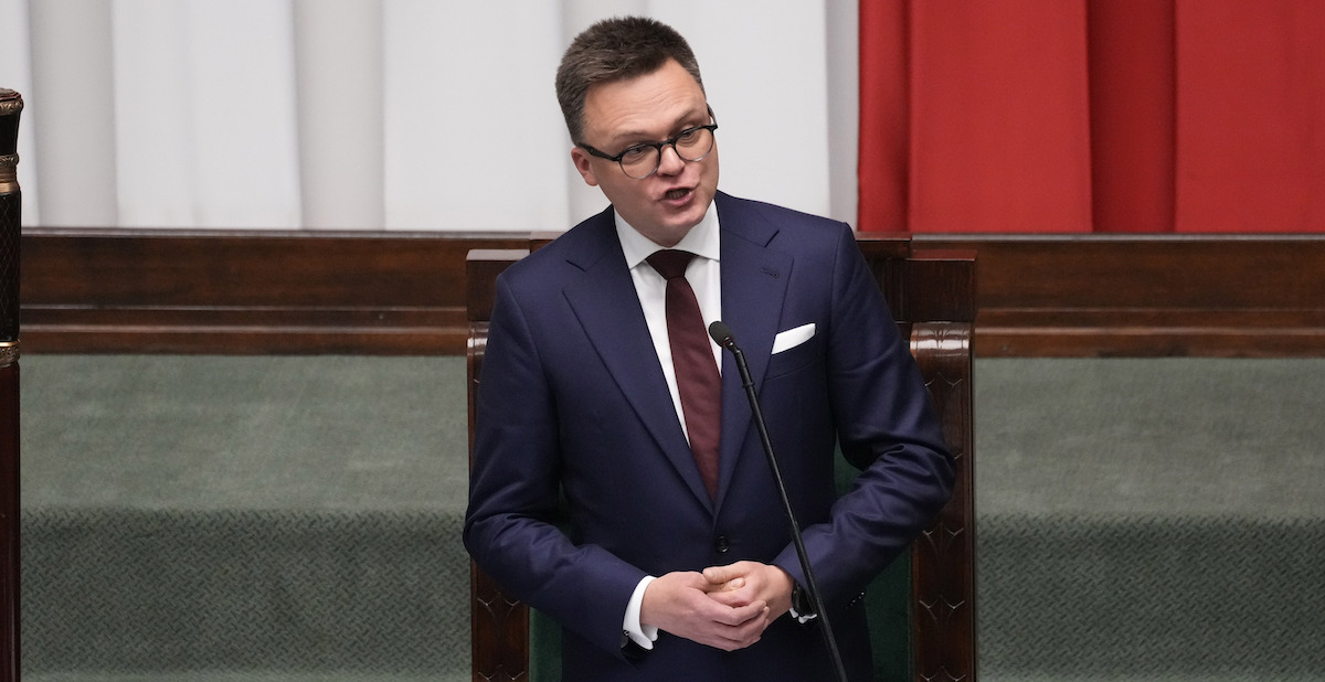 Szymon Hołownia durante la prima sessione come presidente del parlamento polacco, il 13 novembre 2023