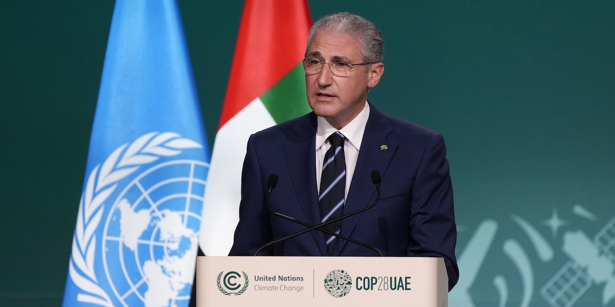 Il ministro dell'Ecologia e delle Risorse naturali dell'Azerbaijan Mukhtar Babayev, durante la COP28 di Dubai