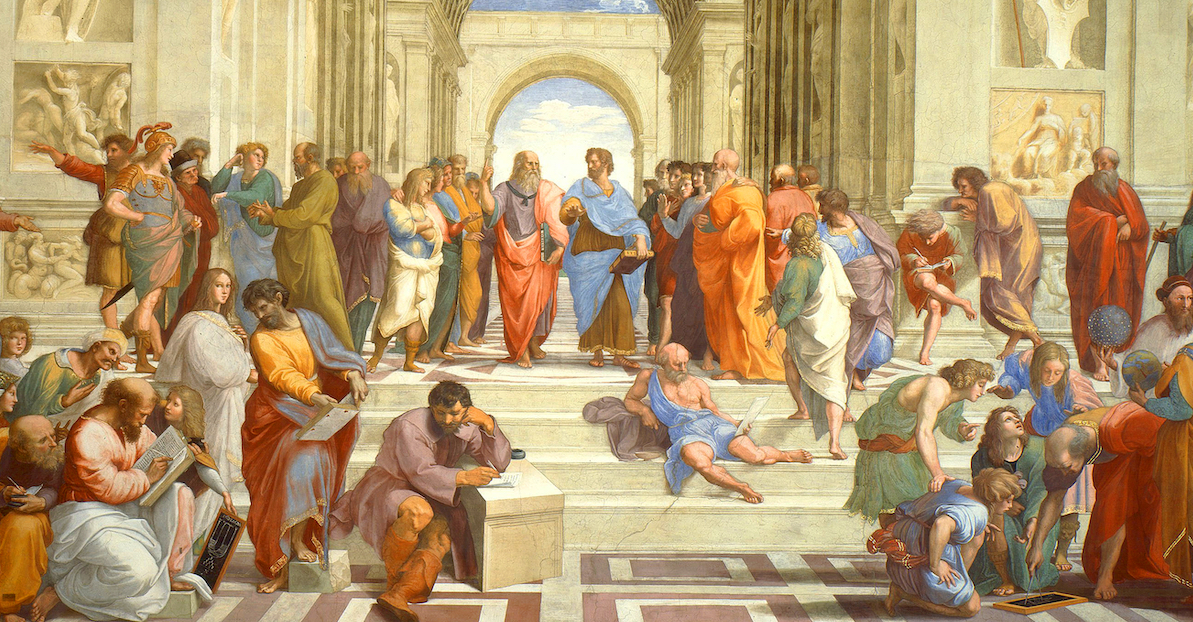 Porzione della "Scuola di Atene" di Raffaello Sanzio. Al centro ci sono Platone (in rosso) e Aristotele (in azzurro) e più a sinistra Socrate (di profilo, in marrone). Il personaggio seduto in primo piano a scrivere è Eraclito, e in piedi dietro di lui con un libro c'è Parmenide. La figura in bianco a sinistra che guarda l'osservatore potrebbe essere la filosofa Ipazia. (via Wikimedia)