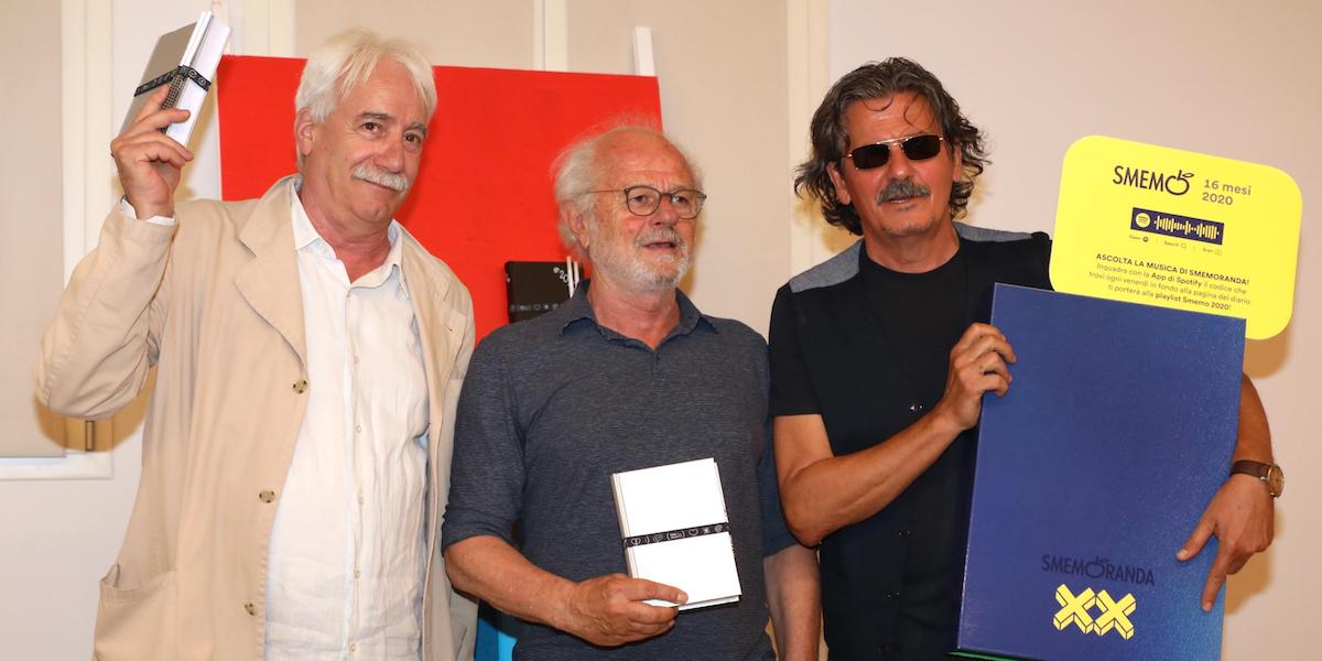 Luigi Vignali, Michele Mozzati e Nico Colonna in occasione della presentazione di Smemoranda 2020, Milano, 2 luglio 2019 (Ansa/Matteo Bazzi)