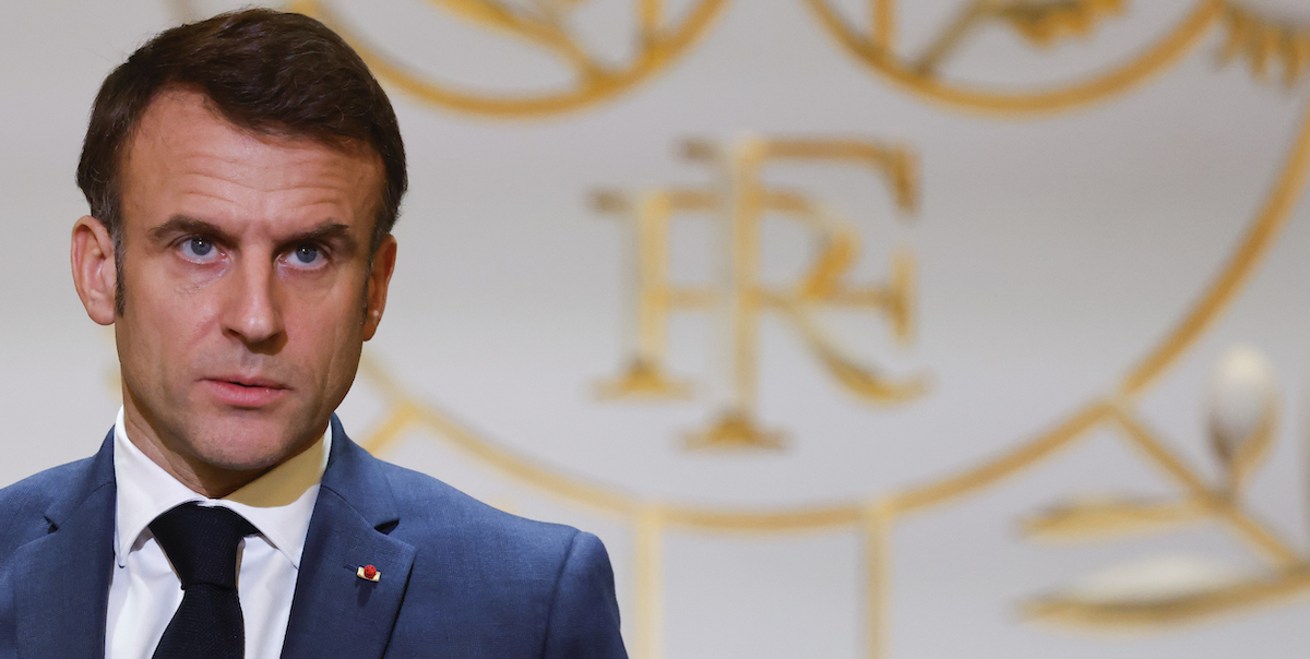 Emmanuel Macron all'Eliseo, Parigi, 7 dicembre 2023 (Ludovic Marin, Pool via AP)
