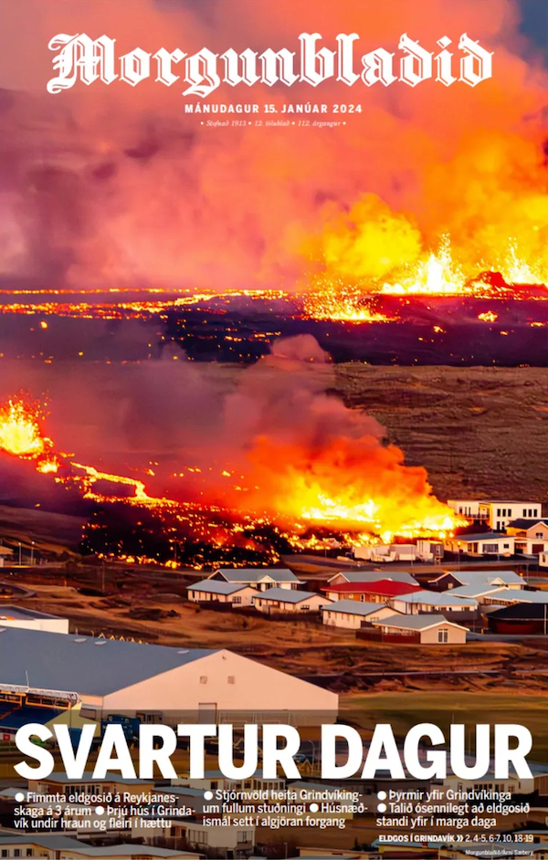 La prima pagina del quotidiano islandese Morgunblaðið del 15 gennaio 2024, con una grande foto della lava a Grindavík 