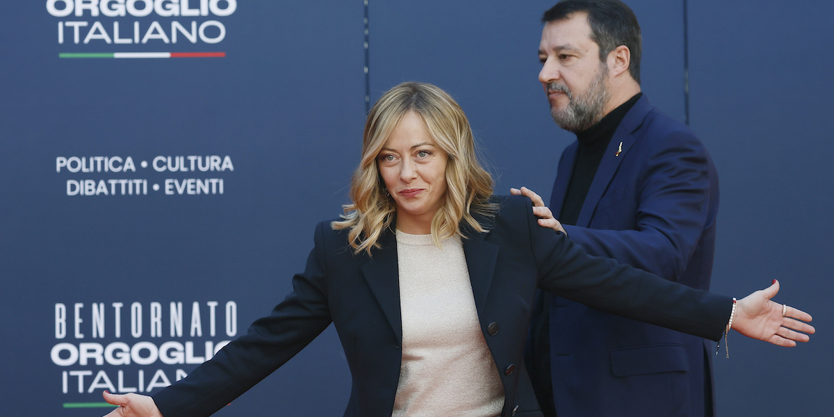 Salvini e Meloni insieme sul palco di Atreju, a Roma, il 17 dicembre scorso (Cecilia Fabiano/LaPresse)