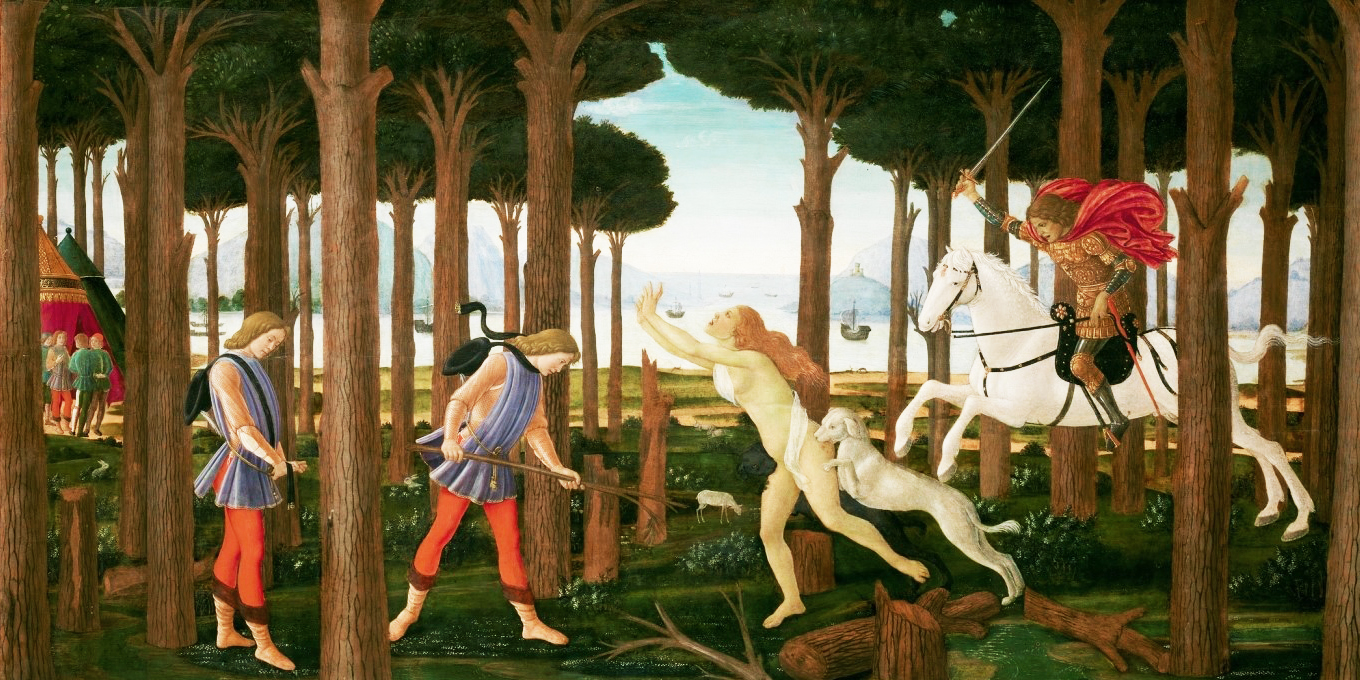 Sandro Botticelli, “Nastagio degli Onesti primo episodio”, 1483 (Museo del Prado, Madrid, via Wikimedia)