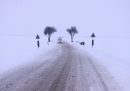 La foto mostra una macchina al centro di una strada di campagna bianca e un cielo bianco a causa della neve. La macchina sta passando fra due piccoli alberi neri.