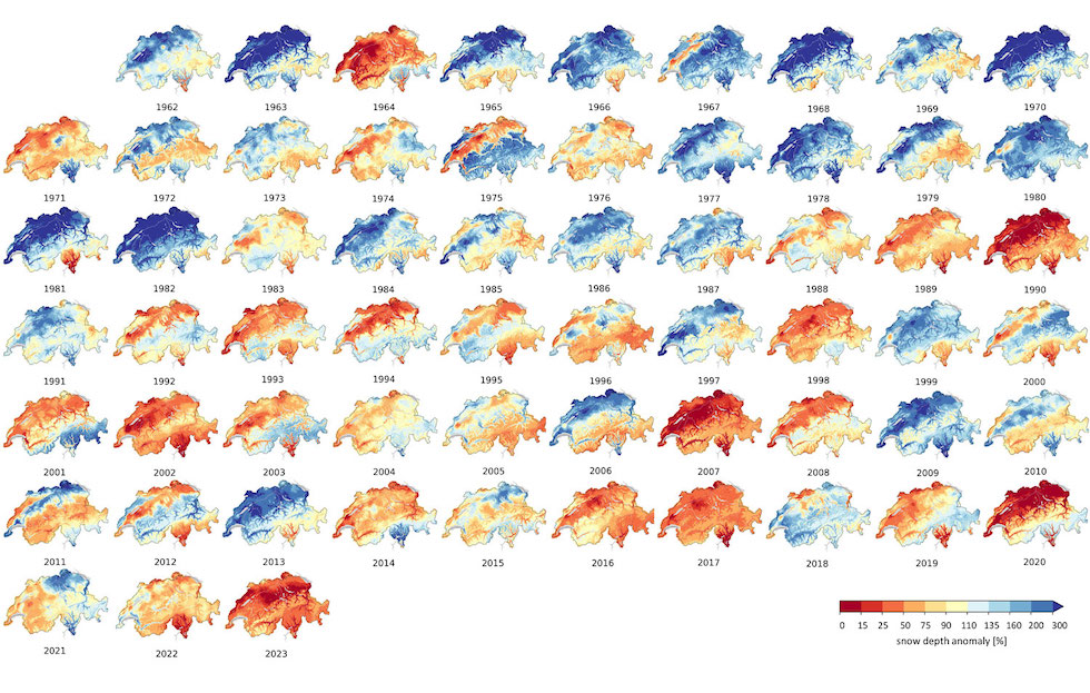 Rappresentazioni della Svizzera dal 1962 al 2023 in cui è mostrata, anno per anno, la maggiore o minore percentuale di spessore del manto nevoso in inverno rispetto alla media 1971-2000: dal 2000 a oggi è prevalente il colore rosso che indica valori sotto la media