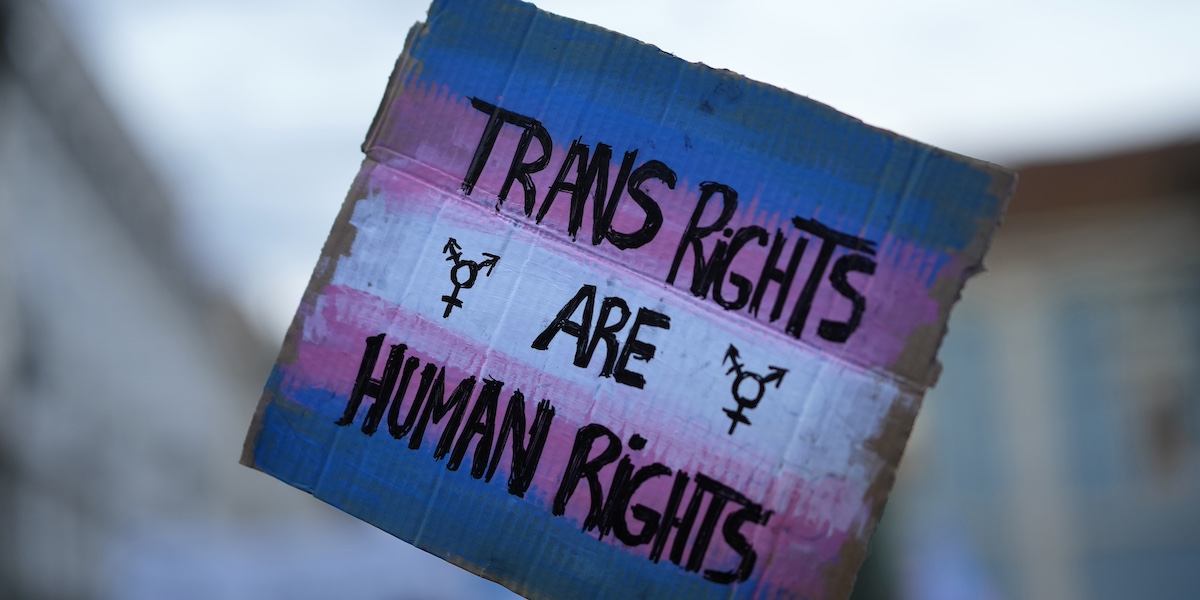 Un cartello con la scritta "i diritti delle persone trans sono diritti umani"