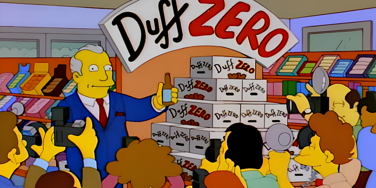 Una scena dei Simpson in cui il direttore della società produttrice di birra Duff presenta alla stampa una versione analcolica (nella scena subito successiva l'azienda dichiarava fallimento dopo appena mezz'ora)