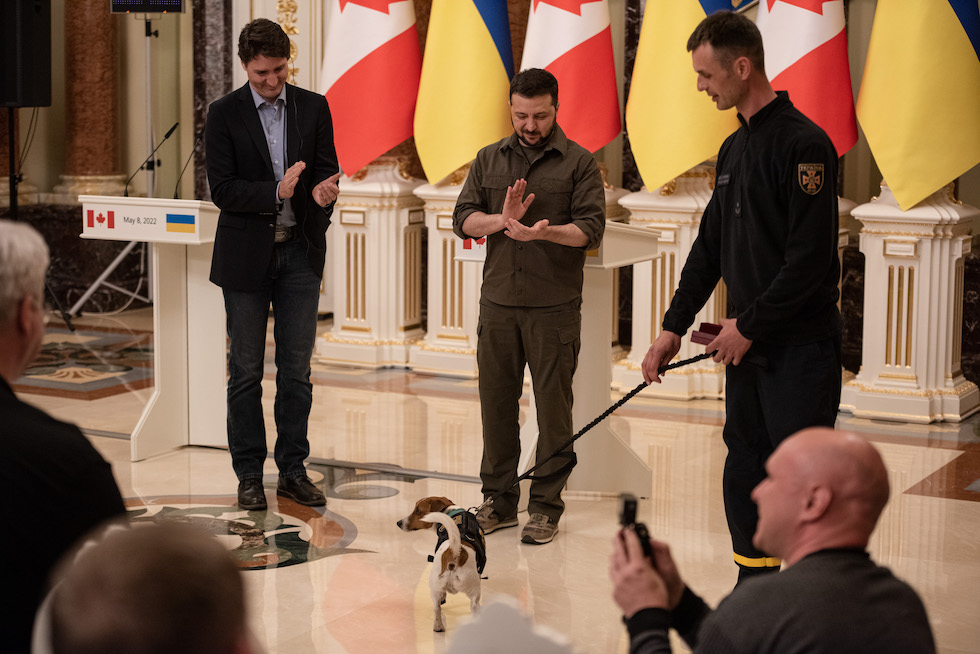 Il presidente ucraino Zelensky e il primo ministro canadese Justin Trudeau danno una medaglia al cane Patron