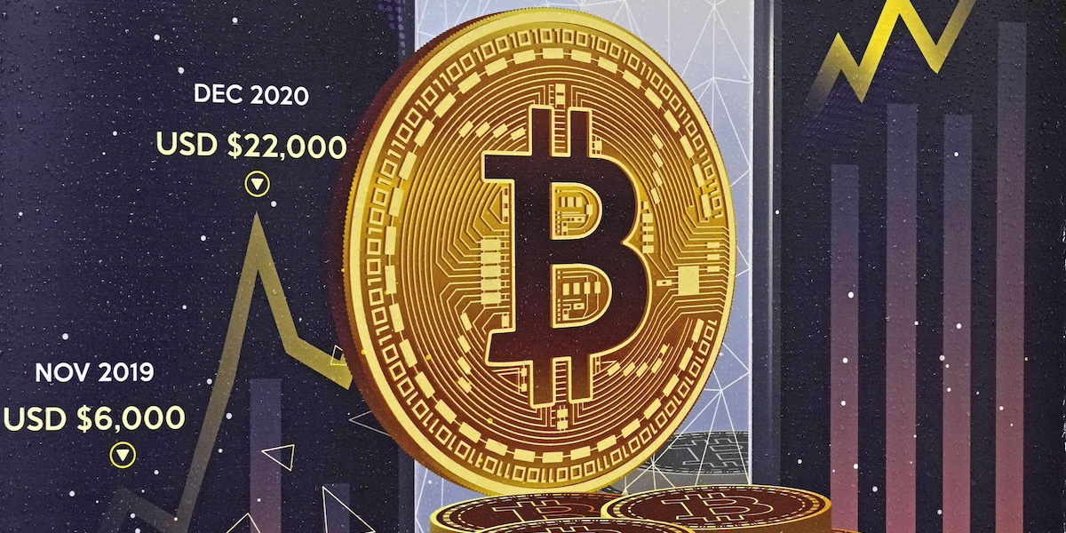 Un disegno di un bitcoin: una moneta d'oro con la B al centro