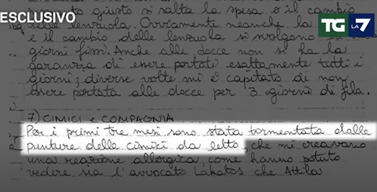 Uno stralcio della lettera di Salis mostrato nel servizio del Tg La 7