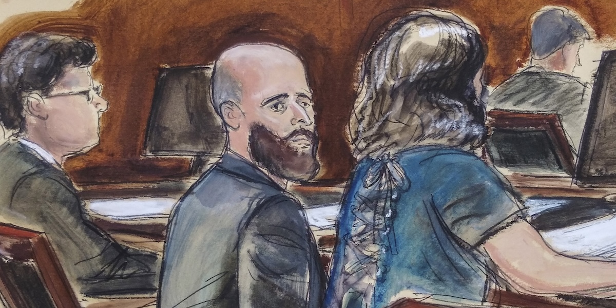 Joshua Schulte in un ritratto disegnato durante un'udienza in tribunale a New York, il 4 marzo del 2020