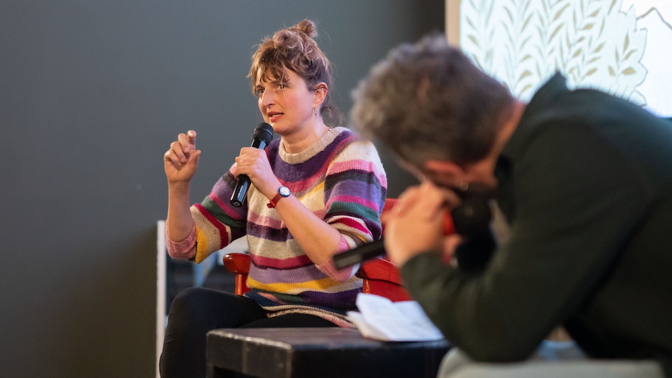 Foto della regista Alice Rohrwacher alla presentazione del suo film La chimera al cinema Post-Modernissimo di Perugia