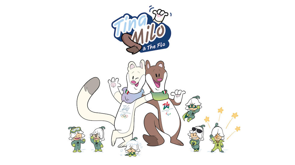 Illustrazione delle mascotte delle Olimpiadi e Paralimpiadi di Milano-Cortina 2026