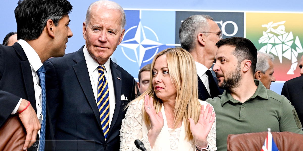 Meloni, con Biden, Sunak e Zelensky al vertice Nato del luglio 2023 (FILIP SINGER/ANSA)