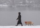 Una donna passeggia con un cane lungo il lago a Washington Park durante una nevicata