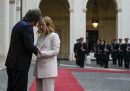 La presidente del Consiglio Giorgia Meloni accoglie a Palazzo Chigi il presidente argentino Javier Milei, in visita a Roma